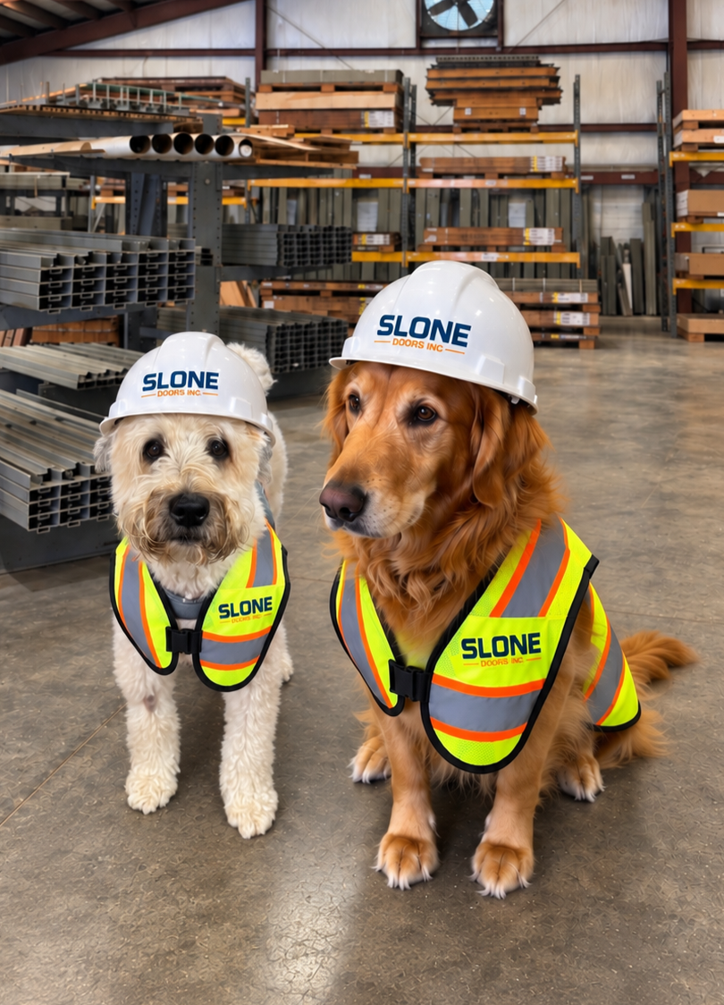 Slone Doors shop dogs wearing branded hard hats and safety vests inside the company warehouse.